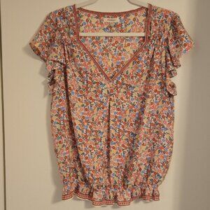 Max Studio Floral Ruffle Sleeve Blouse - Red and Blue